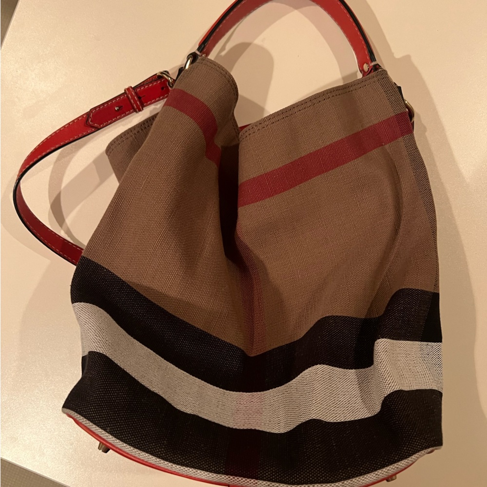 NWOT Burberry Medium Ashby Bucket Bag in Mega Check Canvas with Red Leather
